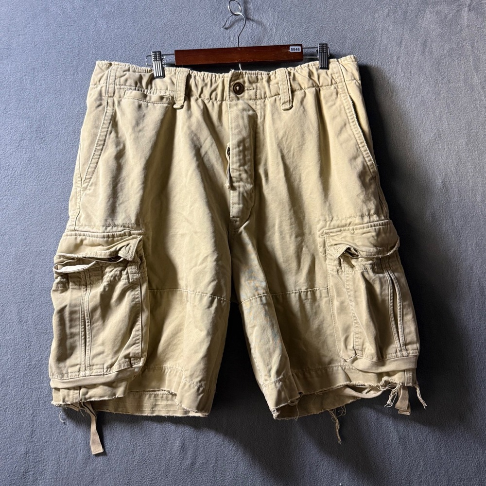 Abercrombie & Fitch Mens Tan Khaki Twill 7-Pocket AF Cargo Shorts Size 36 Frayed